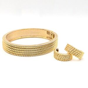 Gold Tone Twisted Rope Hinged Bangle Bracelet and Hoop Earrings Set Vintage